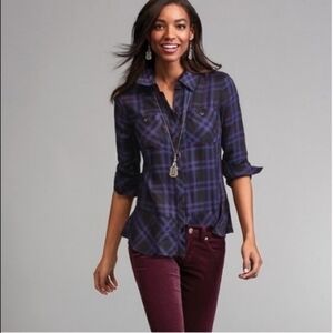 CAbi #3431 Plaid Button Front Ruffle Detail Top